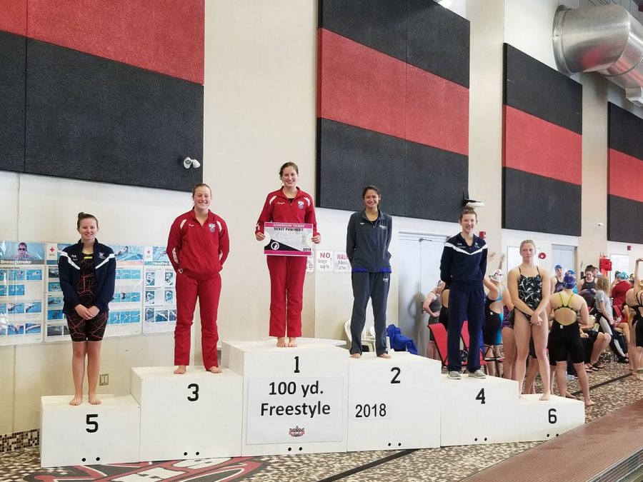 Anna Pfeiffer takes 1st and Grace Pope takes 3rd in the 100 freestyle. Both qualified for state in the event. 