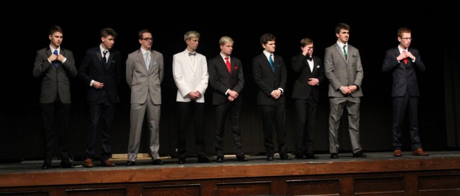Pageant Contestants prepare for the Question/Answer session. 
From Left - Sam Noel, Jack Fisher, Shane Arnold, Connor Sindt, Jacob Sindt, Jared Weber, Ben Cook, Nick Kubitz, and Evan Wille. Kubitz ultimately won the competition.