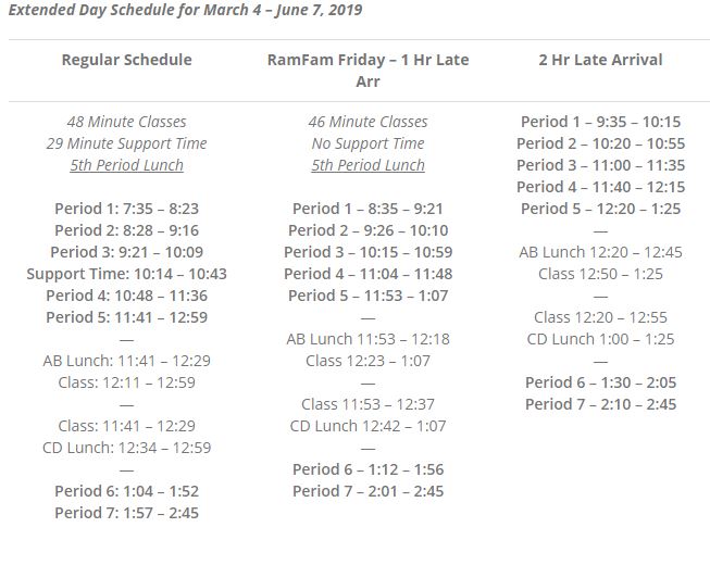 DSHS students have been following this new schedule since March 4th and will continue to do so through the end of the year. 