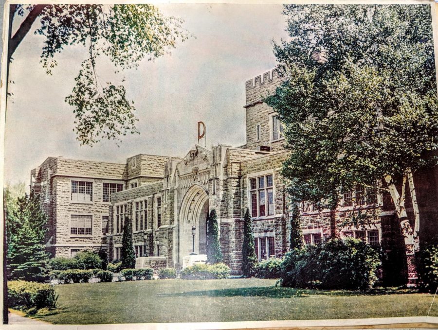 Dubuque Senior High School as seen in the 1947 Echo yearbook. Notice the D above the schools then-main doors. 