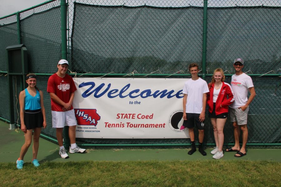 Riley ODonnell, Josh Husemann, Dylan Fair, Natalie Kaiser, and Coach Chris Miller at the State Co-Ed Tennis Meet