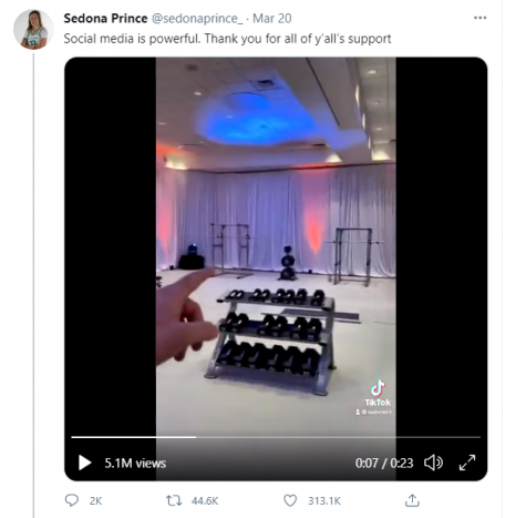 A screenshot Sedona Princes video showing off the new weight room facilities after inequalities of the NCAA tournament came to light